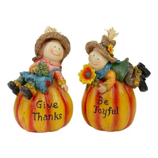 6.5" Girl & Boy Scarecrow Pumpkins Fall Figurines Set {1}