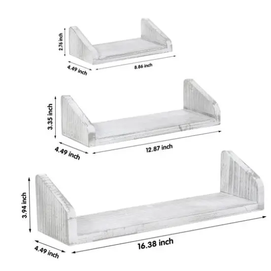 NEX&trade; Rustic White Wall-Mounted Wooden Floating Shelves Set {3}