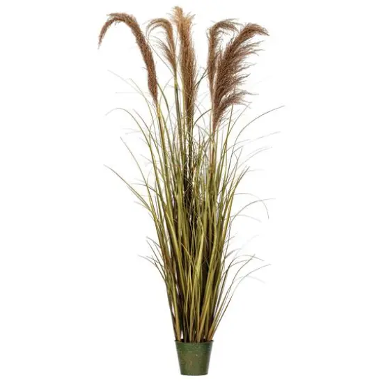 55" Artificial Green Grass & Natural Reeds in Iron Pot {1}