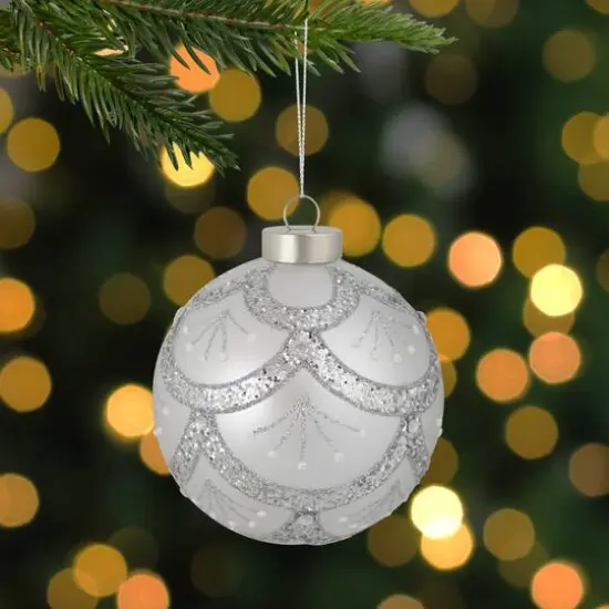 4" Glittered Silver Glass Ball Ornament {6}