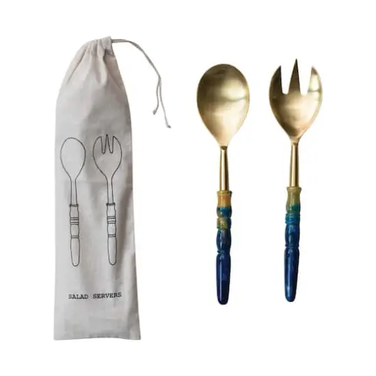 Hello Honey 2-Piece Stainless Steel Salad Servers with Marbled Resin Handles, Gold Finish and Blue {1}