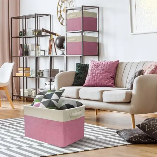 Sorbus 15" Cream Trimmed Twill Collapsible Storage Basket Set Pink {5}