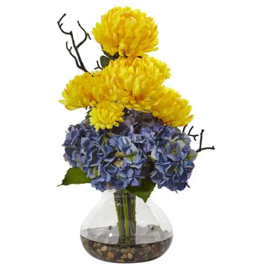 19" Blue & Yellow Hydrangea & Mum in Glass Vase {1}