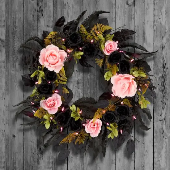 24" Cute & Creepy Black & Pink Flower Halloween Pre-Lit LED Wreath {3}