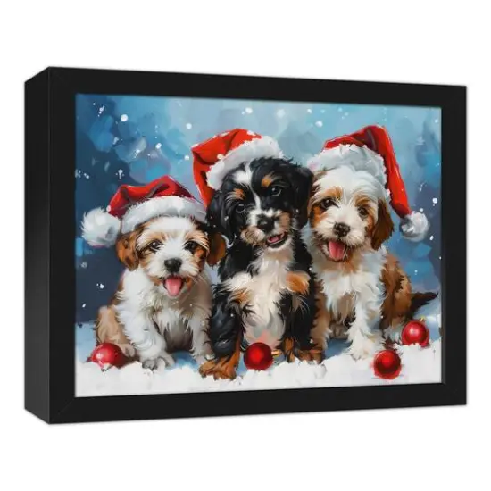 Christmas Puppies 15.73" x 12.73" Black Framed Canvas {3}