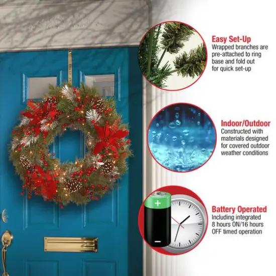 30" Pre-Lit Decorative Collection Cones, Red Berries & Poinsettias Tartan Plaid Wreath With Warm White LED Lights {6}