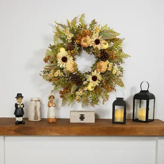 28" White Sunflowers & Pumpkins Fall Harvest Wreath {3}
