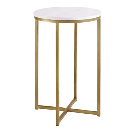 Walker Edison 16" Glam Round Side Table Faux White Marble/Gold {3}