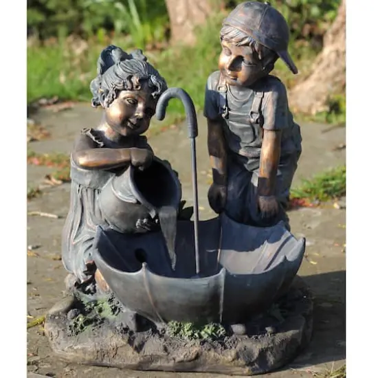 23.5" Bronze Children with Umbrella Outdoor Garden Water Fountain {3}