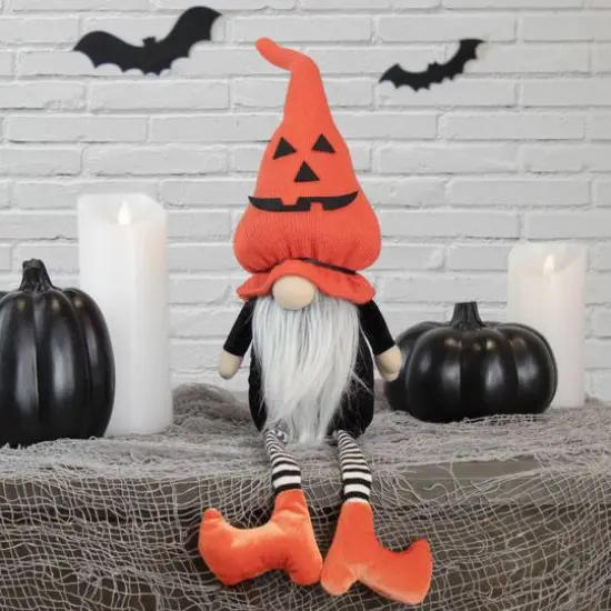 22" Halloween Jack-O-Lantern Striped Tabletop Gnome Figurine with Dangling Legs {1}
