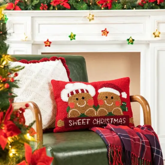 Glitzhome&reg; 18" Hooked Gingerbread Boy & Girl Pillow {3}