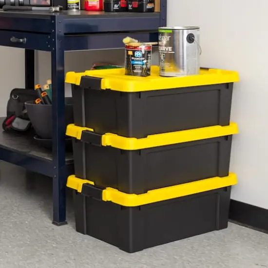 IRIS&reg; 47qt. Black Store-It-All Utility Totes with Yellow Buckle Lids, 3ct. {3}