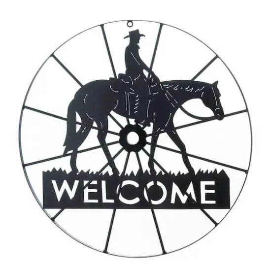 Black Metal Cowboy Welcome Wheel Sign {1}