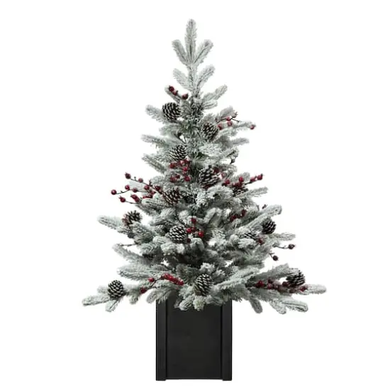 3ft. Unlit Flocked Stockhorn Fir Artificial Christmas Tree in Wooden Pot {1}