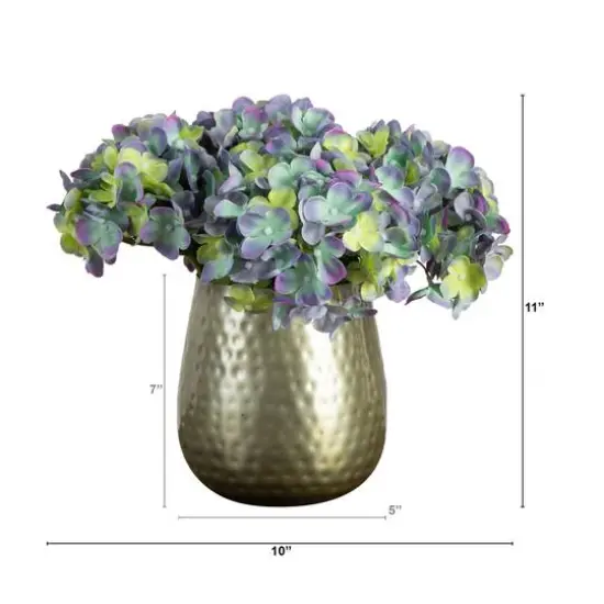 11" Blue Hydrangea Arrangement in Gold Metal Vase {6}