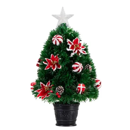 2ft. Fiber Optic Artificial Christmas Tree with Ornaments, Poinsettia & Star Topper in Decorative Planter {1}