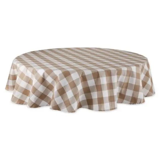 DII&reg; 70" Buffalo Check Round Tablecloth Stone and White {1}
