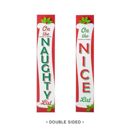 Glitzhome&reg; 3.5ft. Double-Sided Wooden Naughty & Nice List Porch Sign {1}
