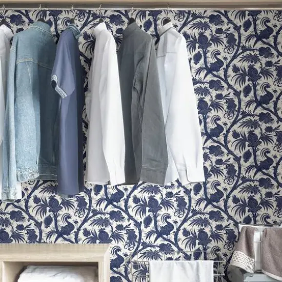 Scalamandre Indigo Balinese Peacock Peel & Stick Wallpaper {6}