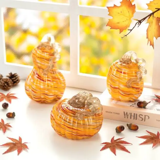 Glitzhome&reg; Multi Stripes Glass Pumpkin & Gourd Set {3}