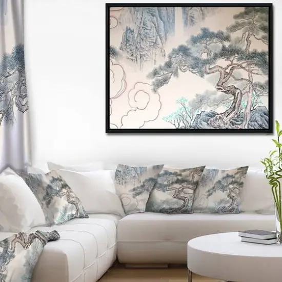 Designart - Chinese Blue Tree Art - Floral Painting Canvas in Black Frame {5}
