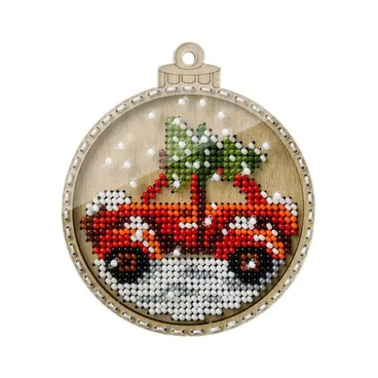 Wonderland Crafts Car with Christmas Tree Bead Embroidery on Wood Ornament Kit {1}