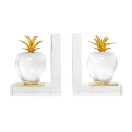 6" Clear Crystal Fruit Apple Bookends with Gold Leaves Set {9}