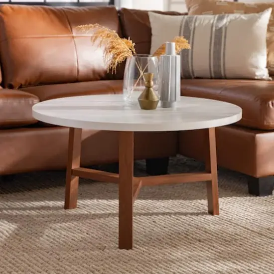 Faux White Marble & Acorn Mid-Century Modern Round Coffee Table {4}