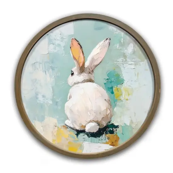 20" Palette Knife Painted Bunny Wall Art in Round Frame Brown {1}