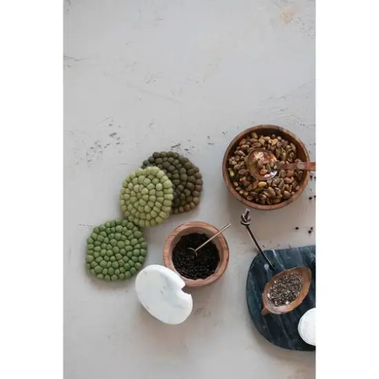 Hello Honey&reg; Green Tones Handmade Wool Felt Ball Coaster Set {4}