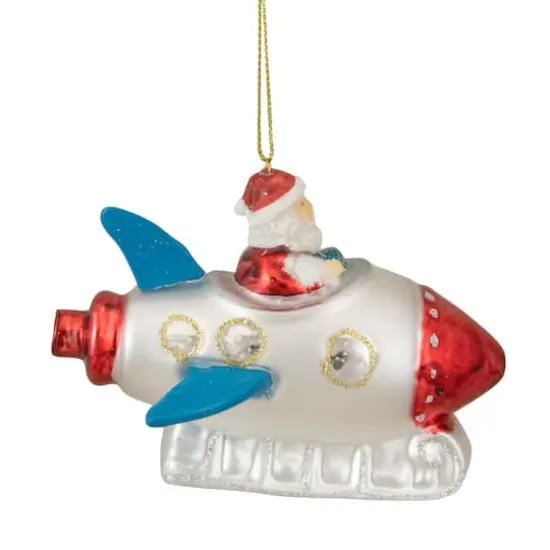 4.5" Santa In A Silver Rocket Ship Glass Christmas Ornament {4}