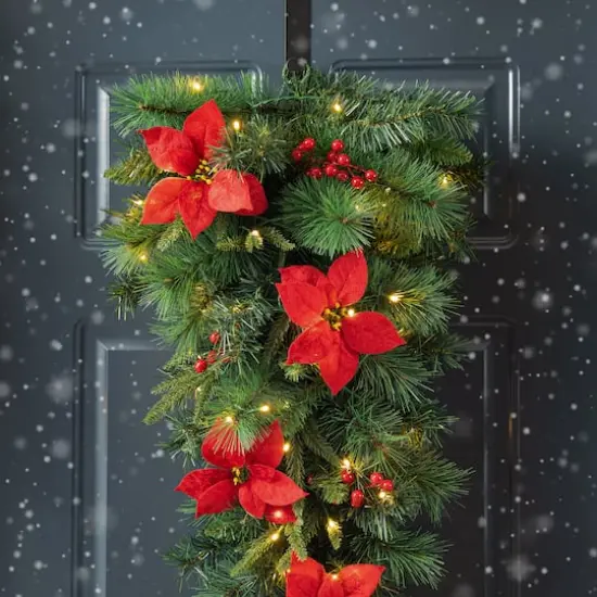 Glitzhome&reg; 3ft. Pre-Lit Pine, Poinsettia & Berries Christmas Teardrop Swag {6}