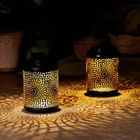 Glitzhome&reg; 8.75" Metal Cutout Solar Powered Hanging Lantern Set Black {6}