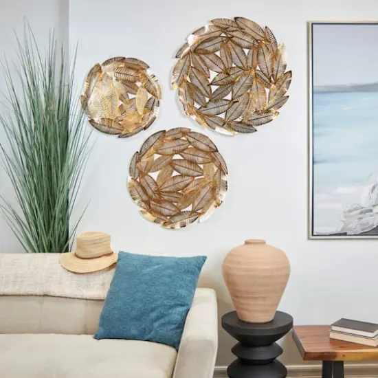 Gold Colored Abstract Leaf Round Metal Discs Wall D&eacute;cor Set {3}