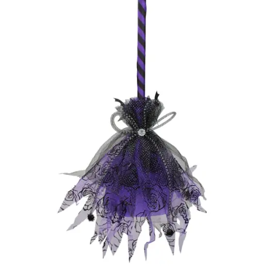 29" Purple & Black Striped Animated Witches Halloween Broom with Bat Accents {5}