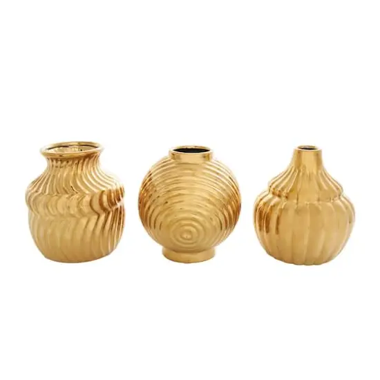 Gold Ceramic Abstract Small Textured Vase Set {1}