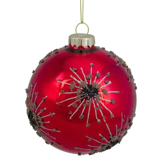 4" Red & Brown Beaded Bursting Snowflake Glass Ball Ornament {1}