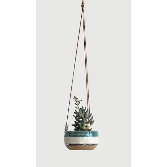 Hello Honey&reg; Blue, White & Brown Striped Stoneware Hanging Planter {3}
