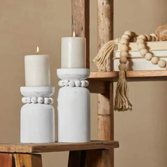 White Wood Beaded Pillar Candle Holder Set {7}