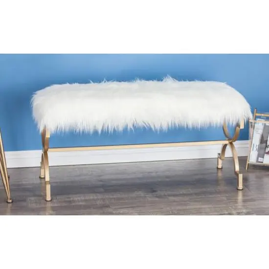 White Fur & Metal Contemporary Bench {7}