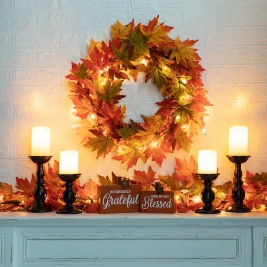 Glitzhome&reg; 24" Fall Lighted Maple Leaves Wreath with Timer {10}