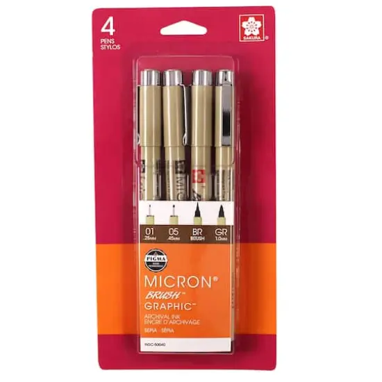 Sakura Pigma Brush, Graphic & Micron Set, 4-Pens, Sepia {1}