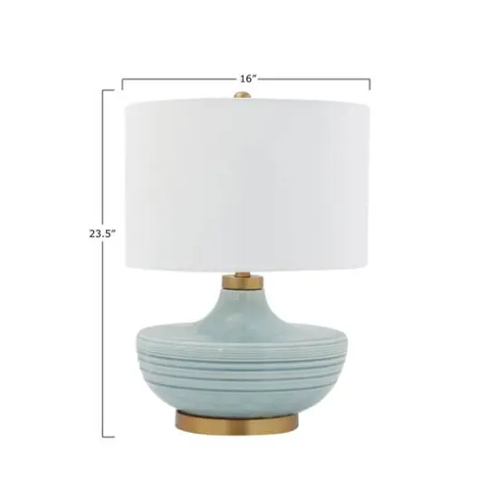 Hello Honey&reg; Striped Aqua Ceramic Table Lamp with White Linen Shade {6}