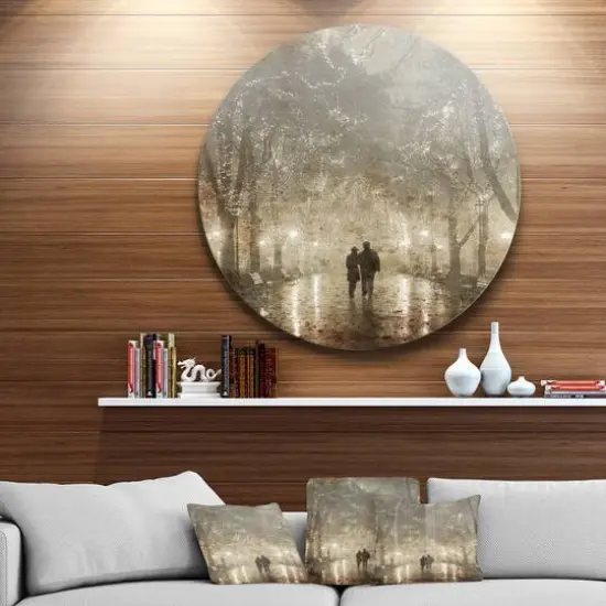 Designart - Couple Walking in Night Lights' Landscape Photography Circle Circle Metal Wall Art {3}
