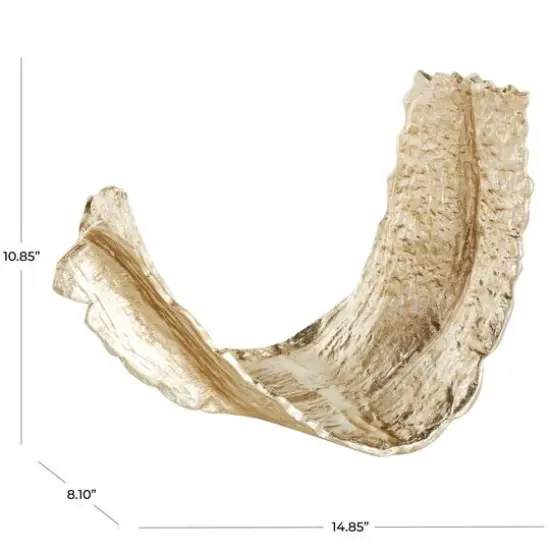 15" Gold Abstract Textured Folded Leaf Aluminum Bowl Sculpture {5}