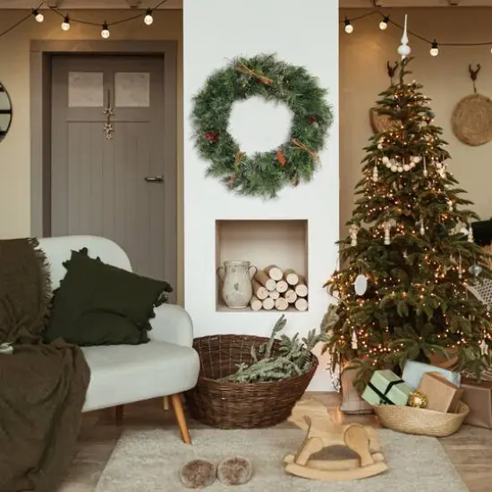 24" Pre-Lit Glistening Pine Wreath with Pinecones, Berries & Twigs, Warm White LED Lights {6}