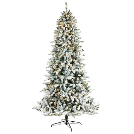 8ft. Pre-Lit Flocked Livingston Fir Artificial Christmas Tree with Pinecones, Clear LED Lights {1}