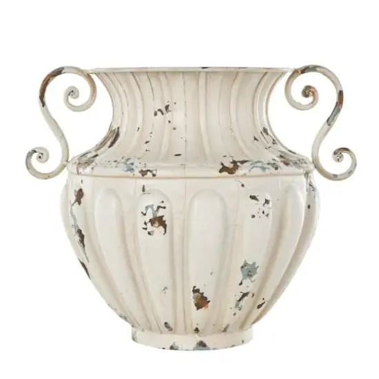 10" Distressed Cream Metal Vintage Amphora Vase {7}
