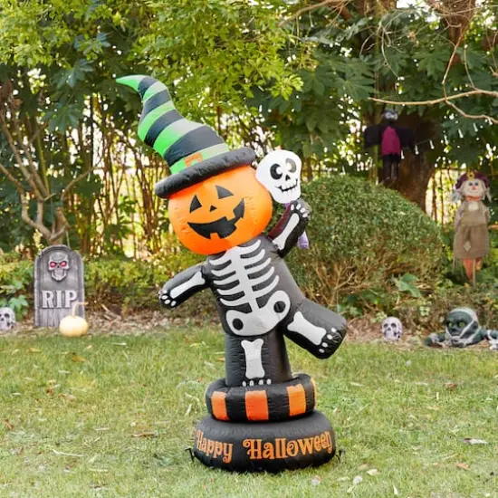 Glitzhome® 6ft. Lighted Halloween Jack-O'-Lantern Skeleton Rotating Inflatable Décor {4}