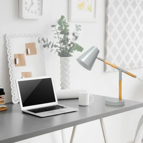 Simple Designs 16.7" Wooden Pivot Desk Lamp Matte Gray and Wood {6}